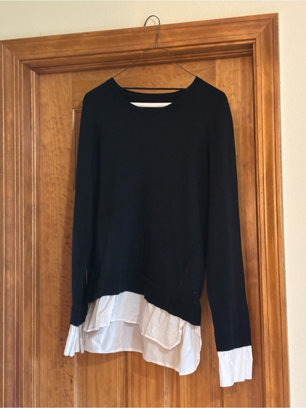 Black Layered Hem Long-Sleeve Top with White Shirt Detail